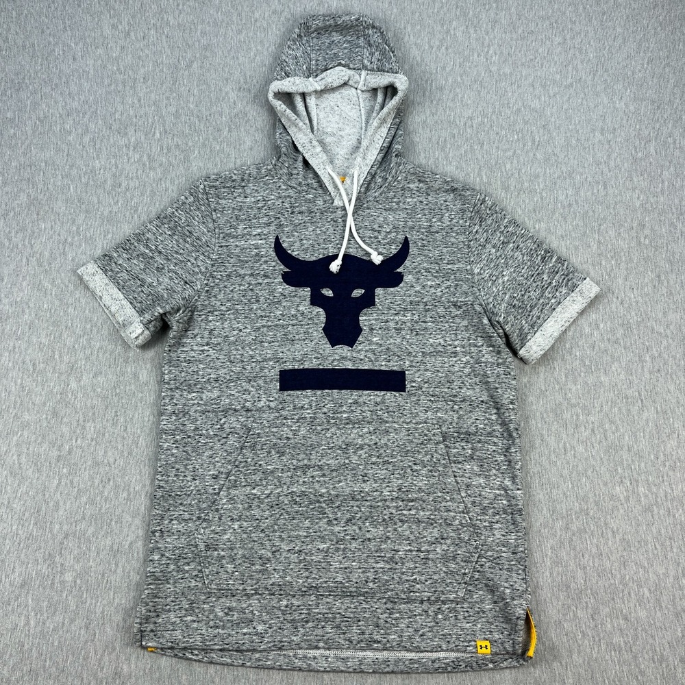 Under Armour Project Rock Short Sleeve Hoodie Mens S Heather Gray Terry Workout